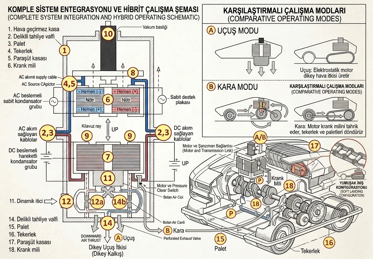Figure 4 — complete system integration and hybrid operating schematic: motor section, flight/ground modes, crank-track-wheel drivetrain and soft-landing configuration
